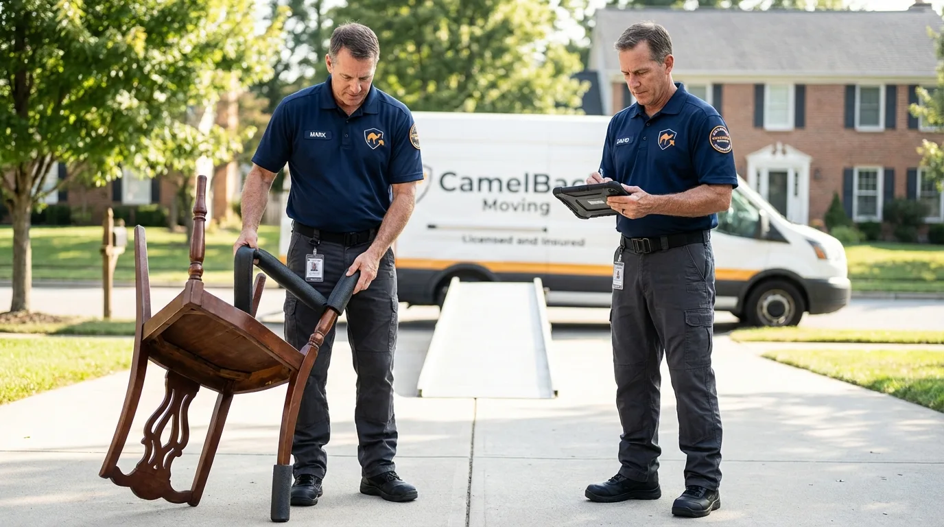 Movers inspecting furniture for damage prevention before loading in Cohasset, MN