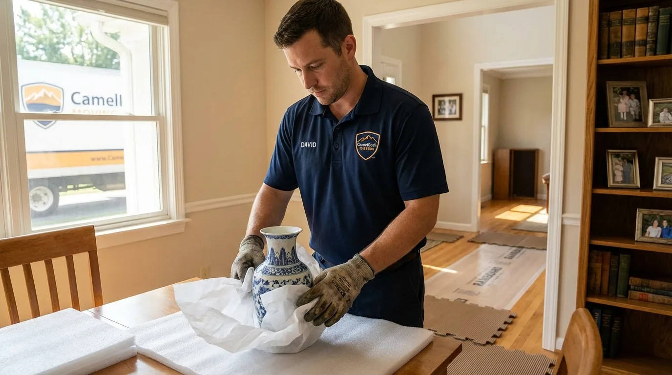 Professional crew carefully wrapping antique vase for senior downsizing move in Cohasset, MN
